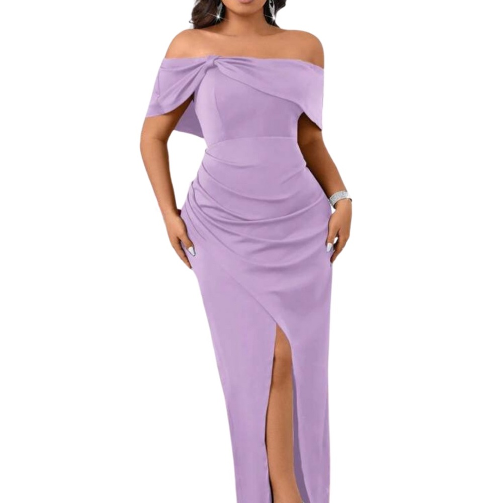 SHEIN Purple Ruched Off Shoulder Gown with Slit